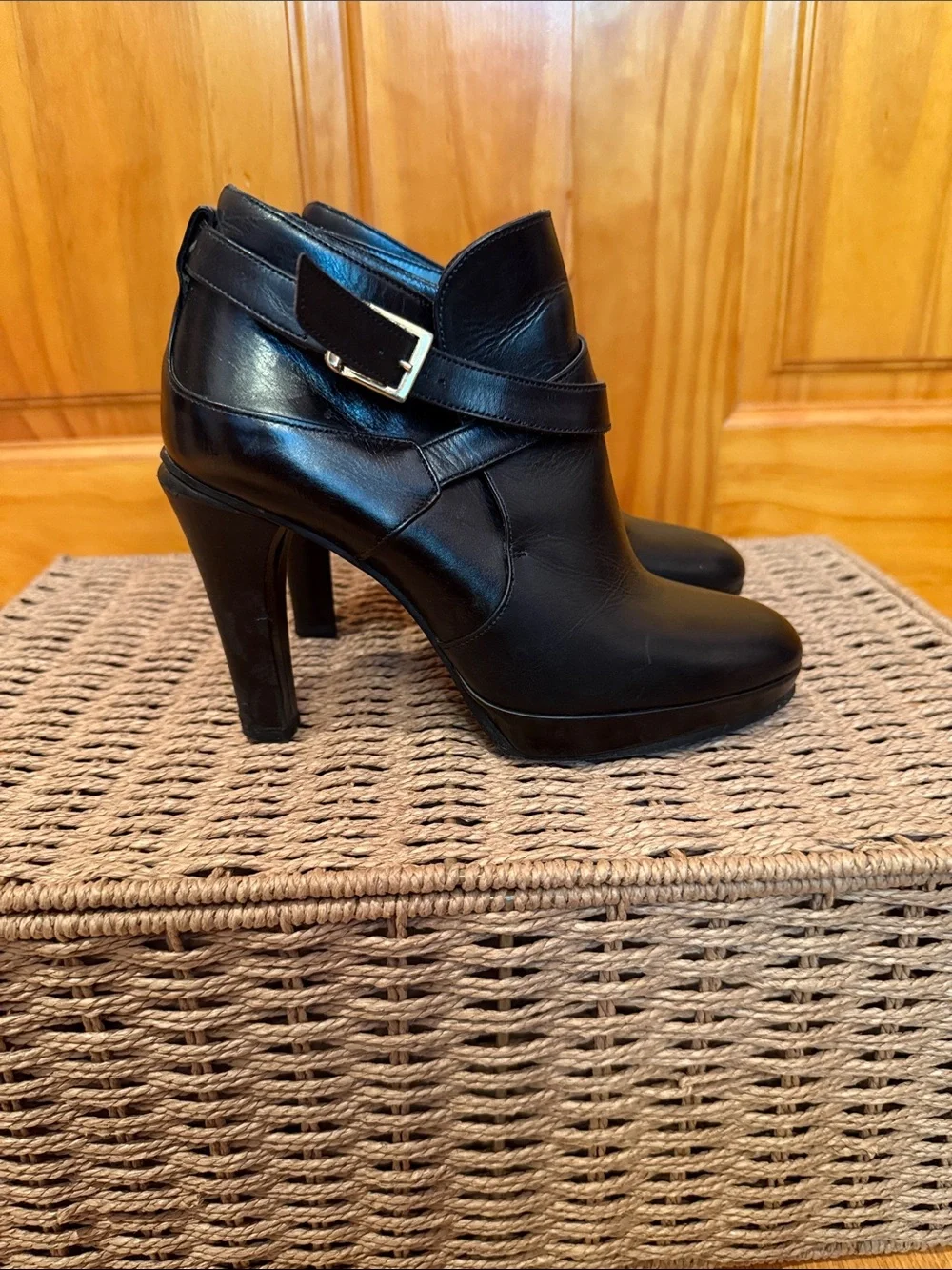MaxMara Black Leather High-Heel Ankle Booties with Wrap Strap